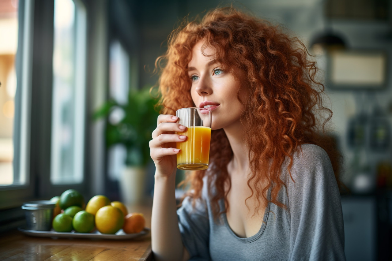 A picture of a pretty red haired woman having lunch and drinking juice in her kitchen, food and drink at home image