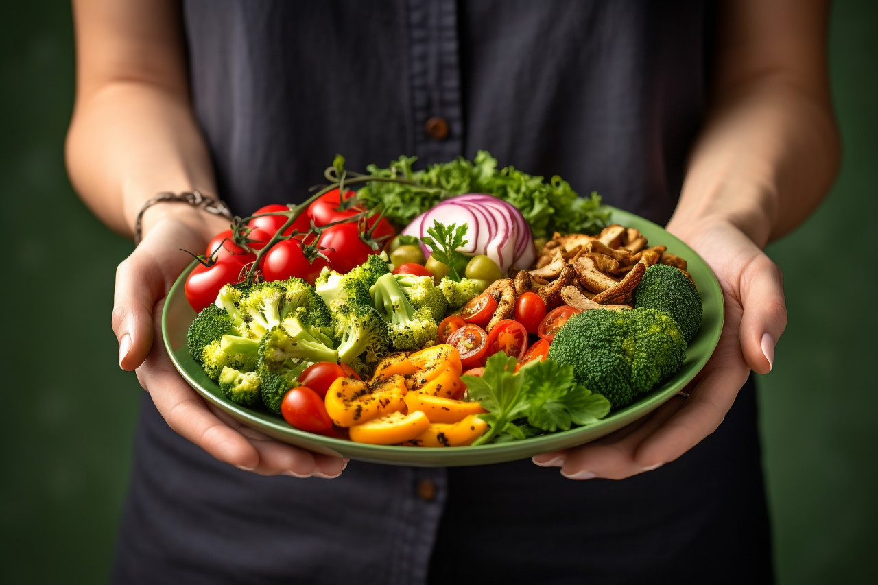 Picture of a woman with a plate of vegan or veggie food, food and drink at home photo