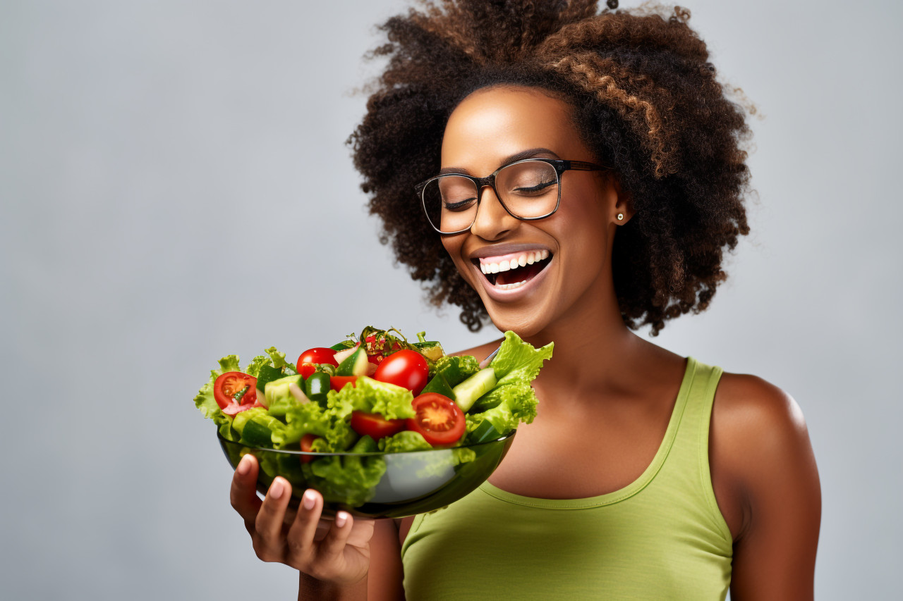 A photo of a black woman eating a salad in front of a light background, with space to add text, food and drink at home photo