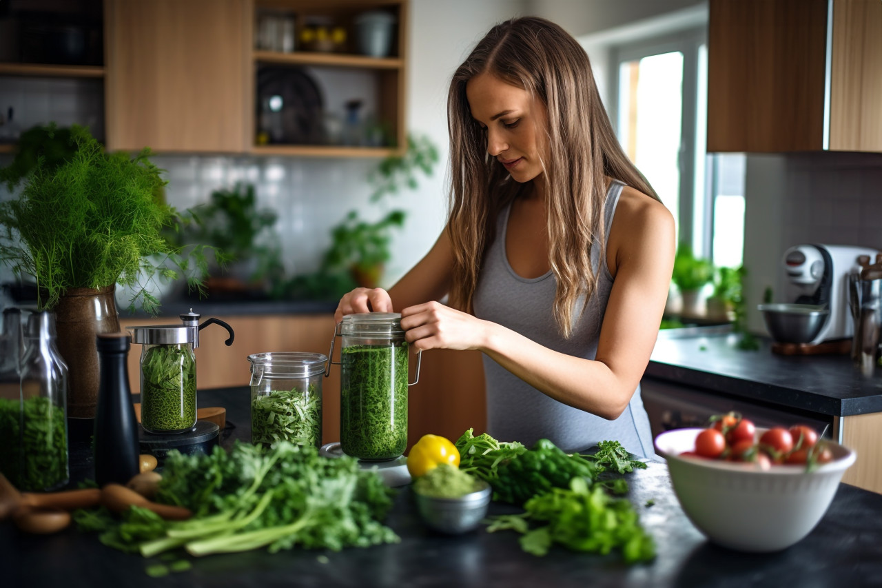 Picture of a young woman making a healthy green drink in the kitchen, food and drink at home image