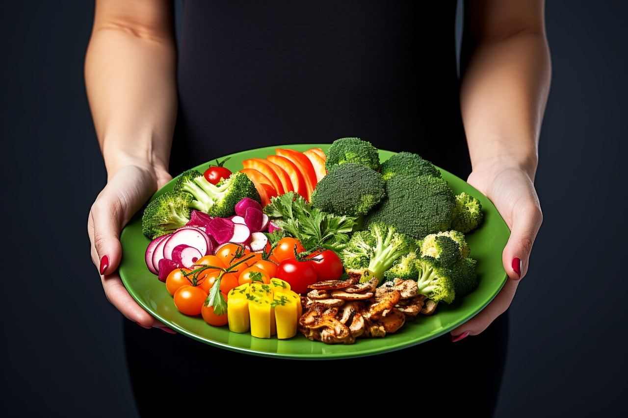 Picture of a woman with a plate of vegan or veggie food, food and drink at home photo