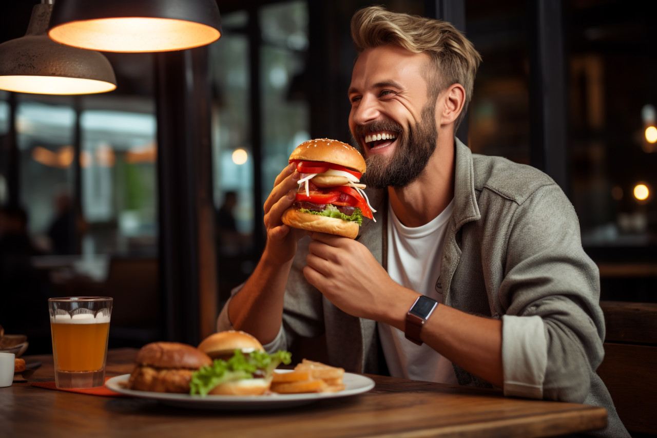 Picture of a young blonde woman in everyday clothes sitting at a wooden table in a cafe eating a tasty burger and drinking a beverage, food and drink at home photo