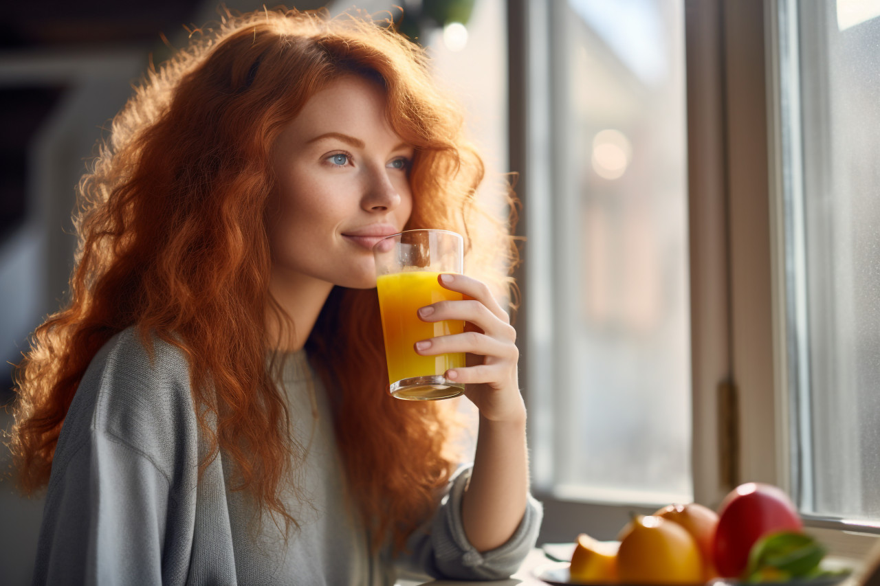A picture of a pretty red haired woman having lunch and drinking juice in her kitchen, food and drink at home image