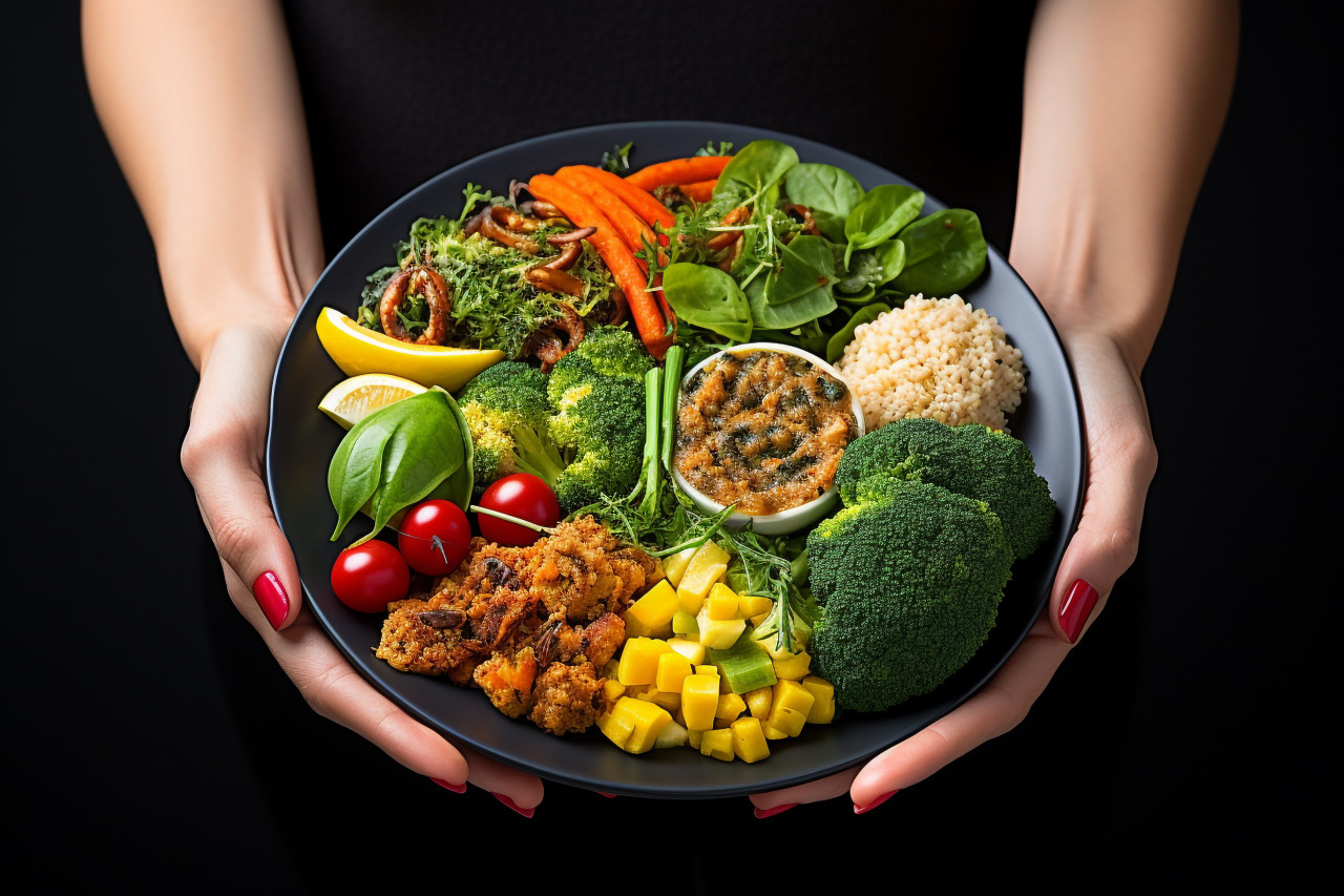Picture of a woman with a plate of vegan or veggie food, food and drink at home photo
