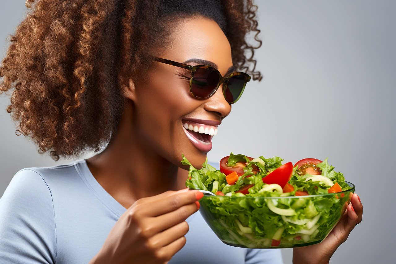 A photo of a black woman eating a salad in front of a light background, with space to add text, food and drink at home photo