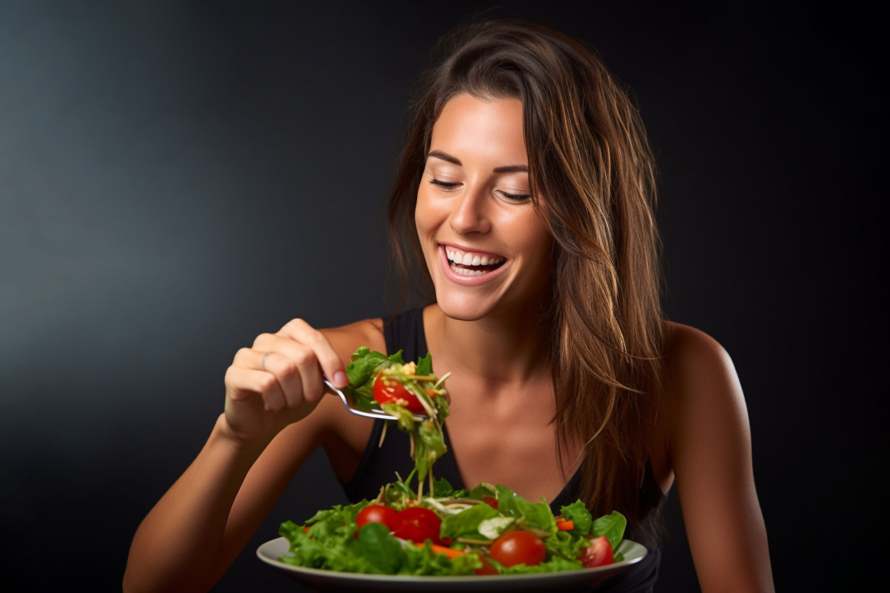 A picture of a beautiful white woman smiling and eating salad, food and drink at home photo