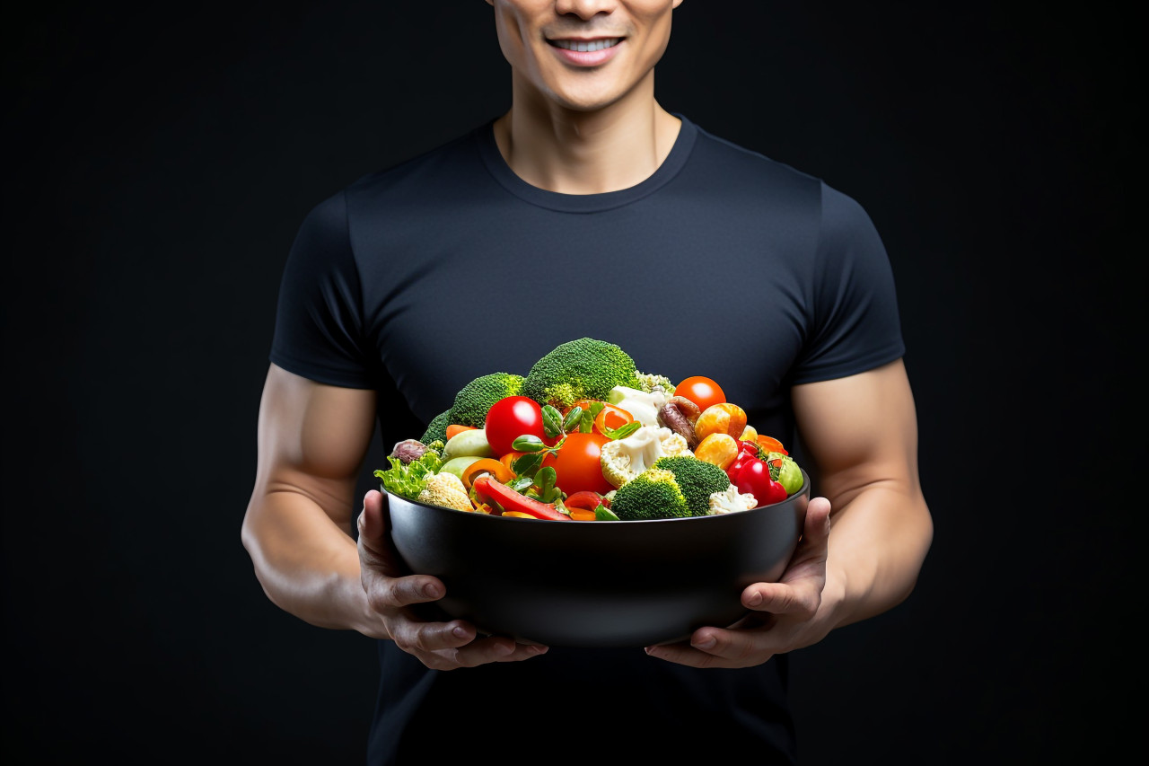 An sportswoman is eating vegetables from a salad bowl, food and drink at home photo