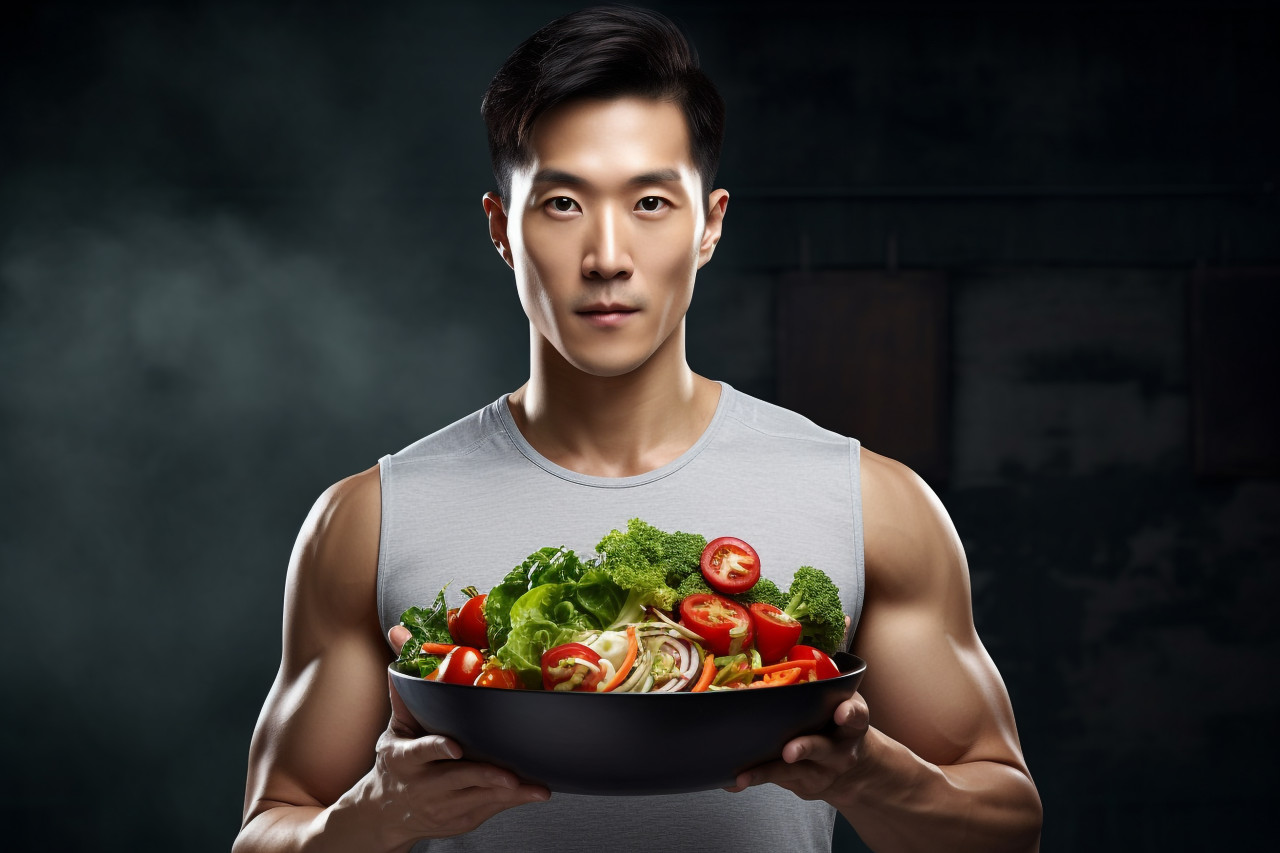 An sportswoman is eating vegetables from a salad bowl, food and drink at home photo
