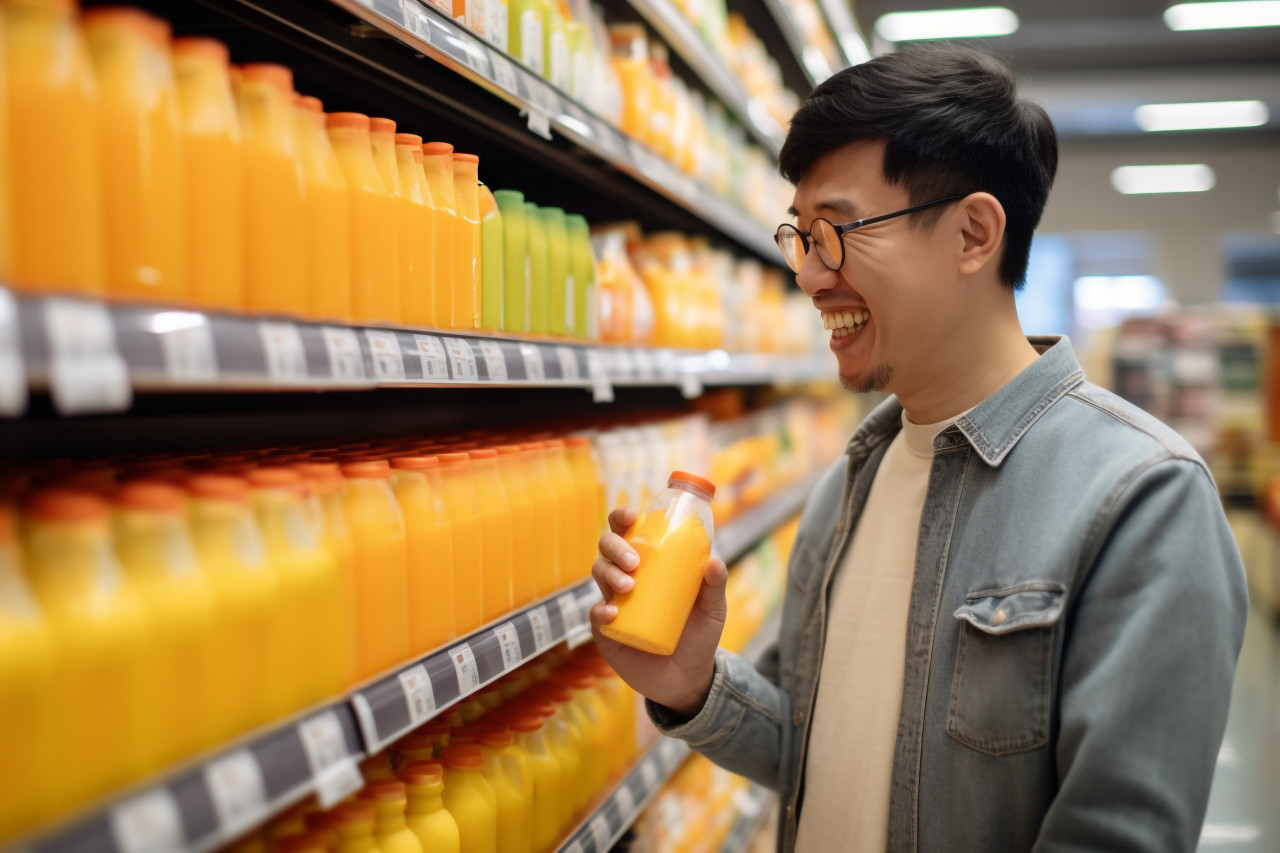 A picture of an asian man using his phone to check his shopping list while choosing orange juice at the supermarket, food and drink at home image
