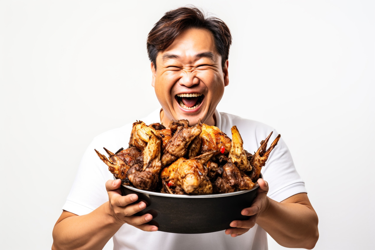 A picture of a happy asian man holding a bucket of fried chicken in front of a white background with room to write on it, food and drink at home image