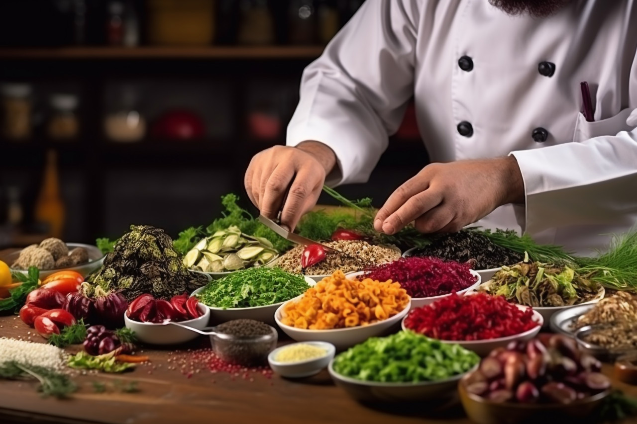 A picture of a good cook in clothes putting flavorings on food, food and drink at home image