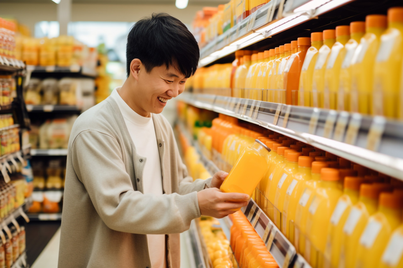 A picture of an asian man using his phone to check his shopping list while choosing orange juice at the supermarket, food and drink at home image