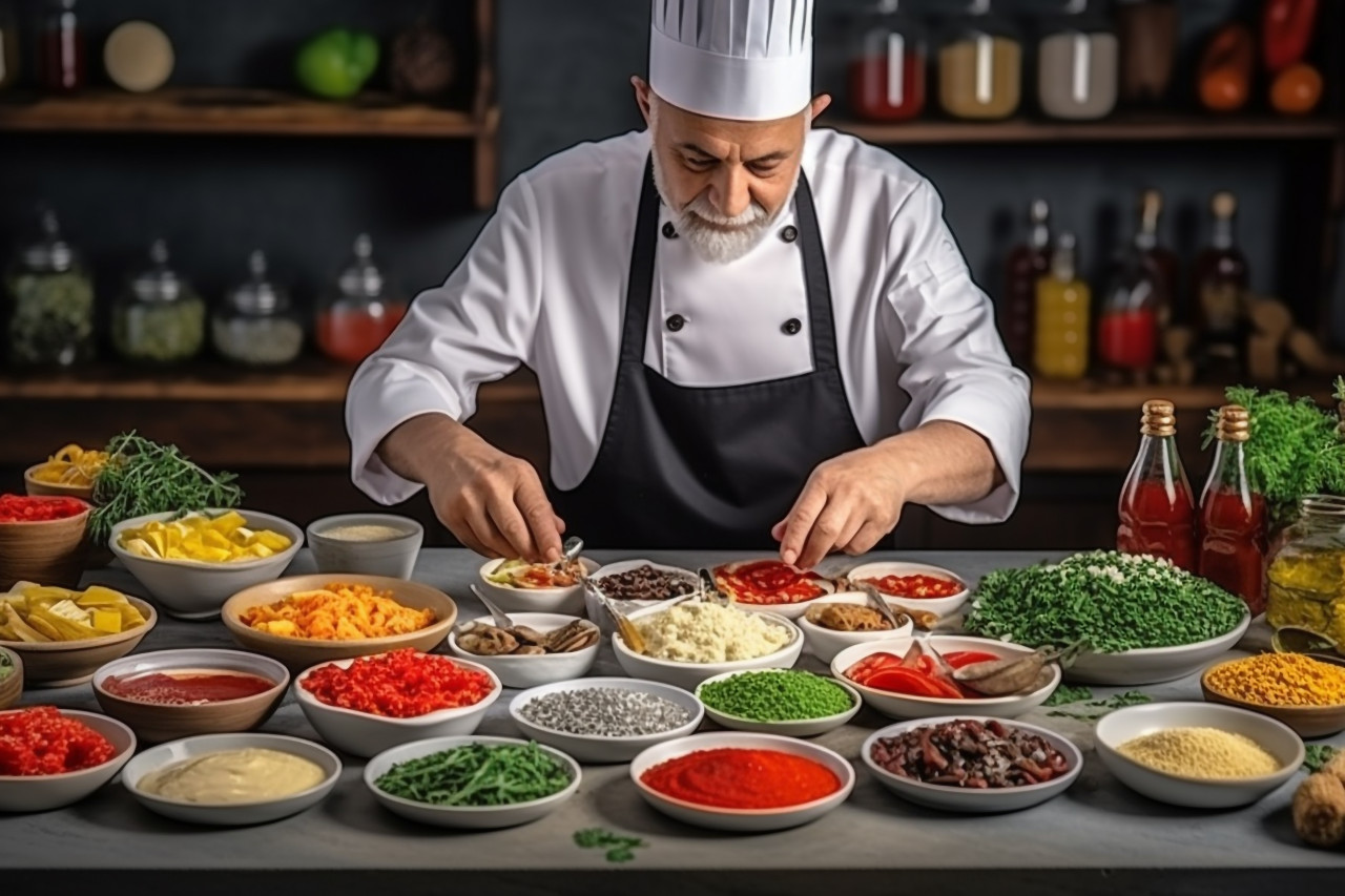 A picture of a good cook in clothes putting flavorings on food, food and drink at home image