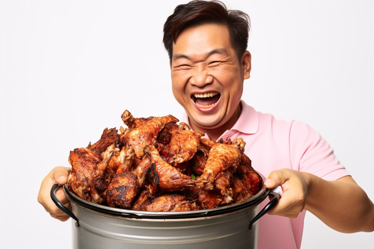 A picture of a happy asian man holding a bucket of fried chicken in front of a white background with room to write on it, food and drink at home image
