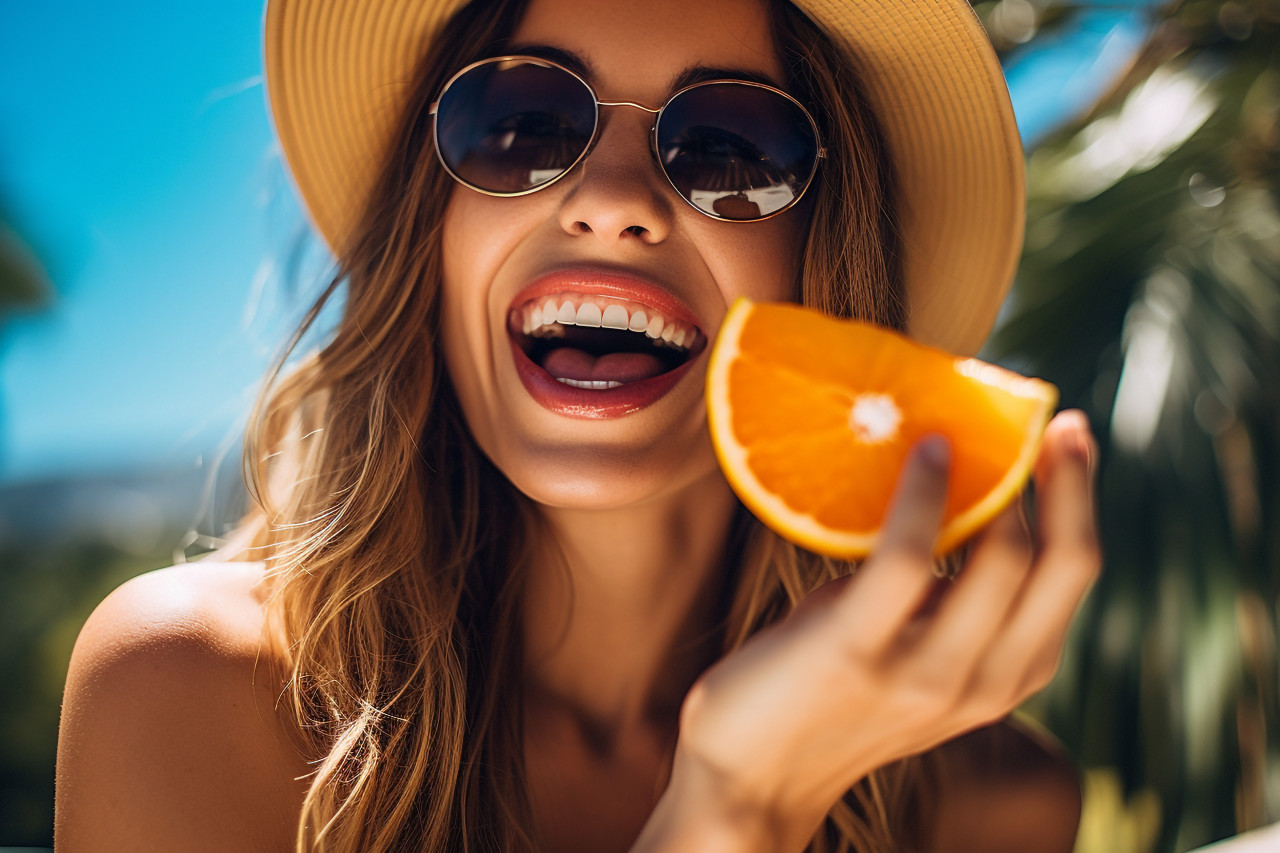 A picture of a woman eating a delicious orange in a fruit garden, food and drink at home image