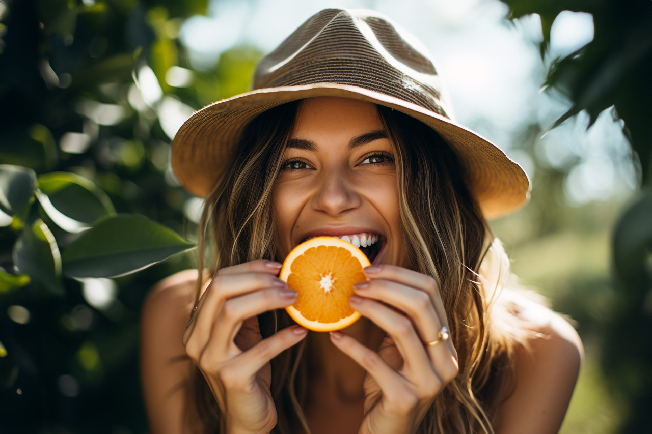 A picture of a woman eating a delicious orange in a fruit garden, food and drink at home photo