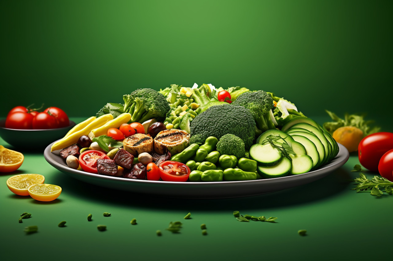 Picture of a woman with a plate of vegan or veggie food, food and drink at home photo