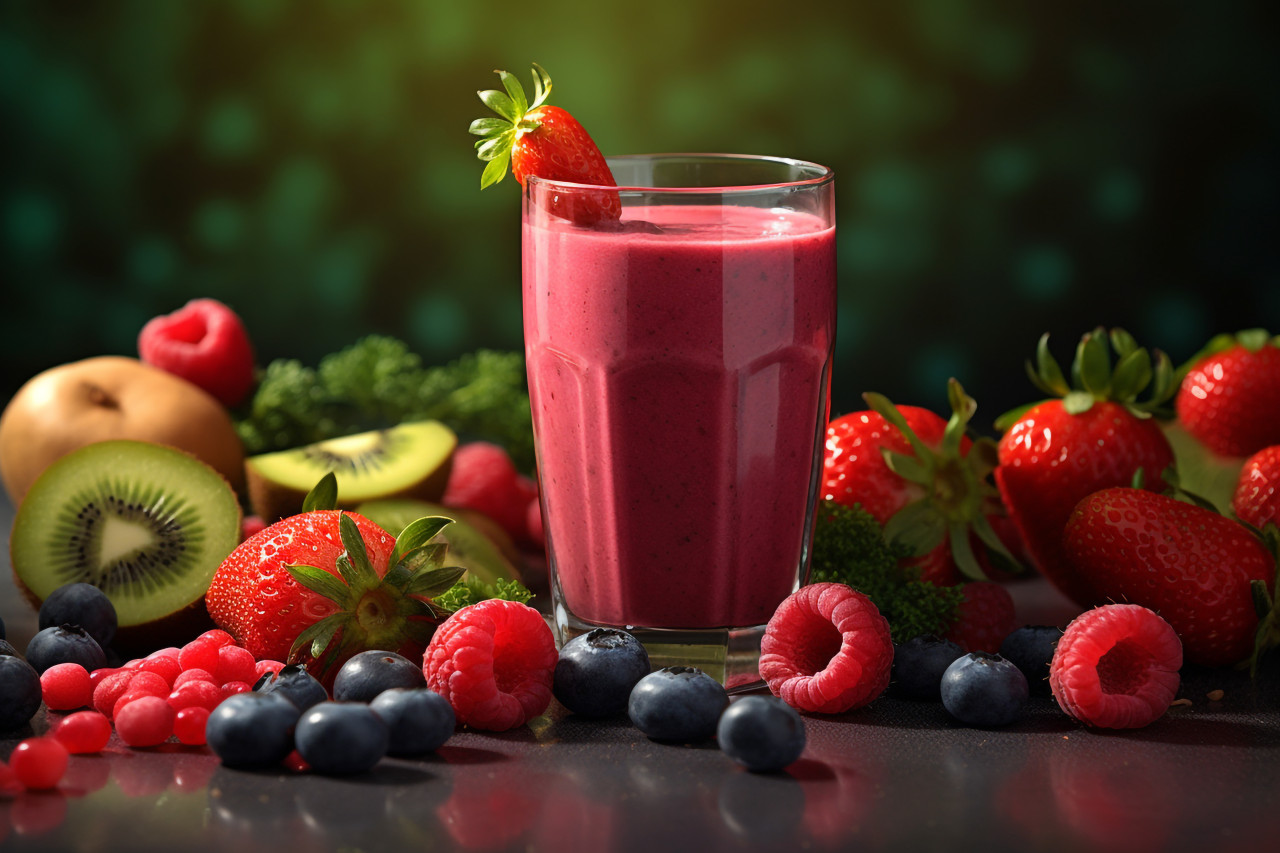 A photo of a smoothie made with berries and vegetables a healthy and delicious drink that is good for your diet or vegan lifestyle, food and drink at home photo