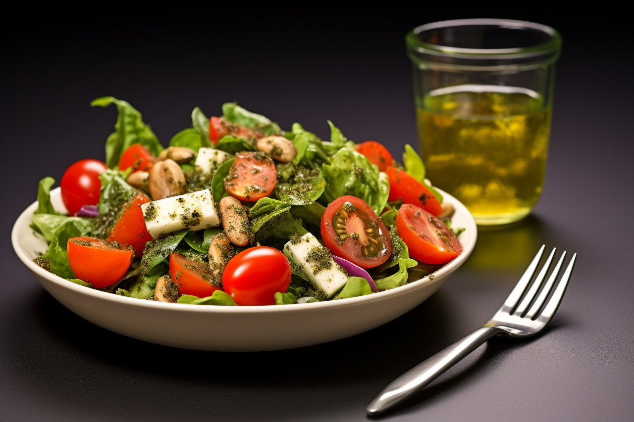 A picture of a beautiful white woman smiling and eating salad, food and drink at home image