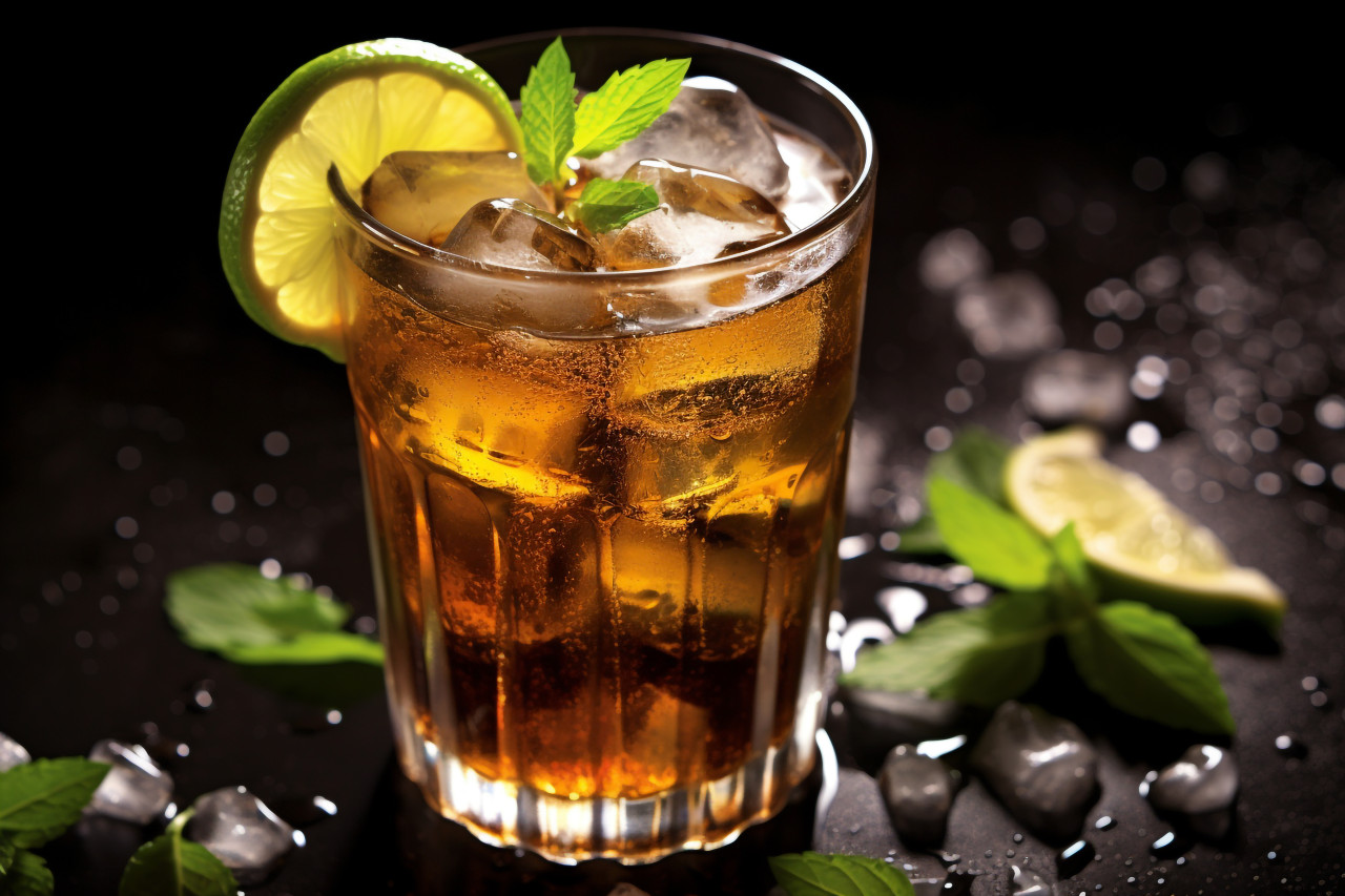 Picture of a cuba libre drink with lime and ice, food and drink at home image