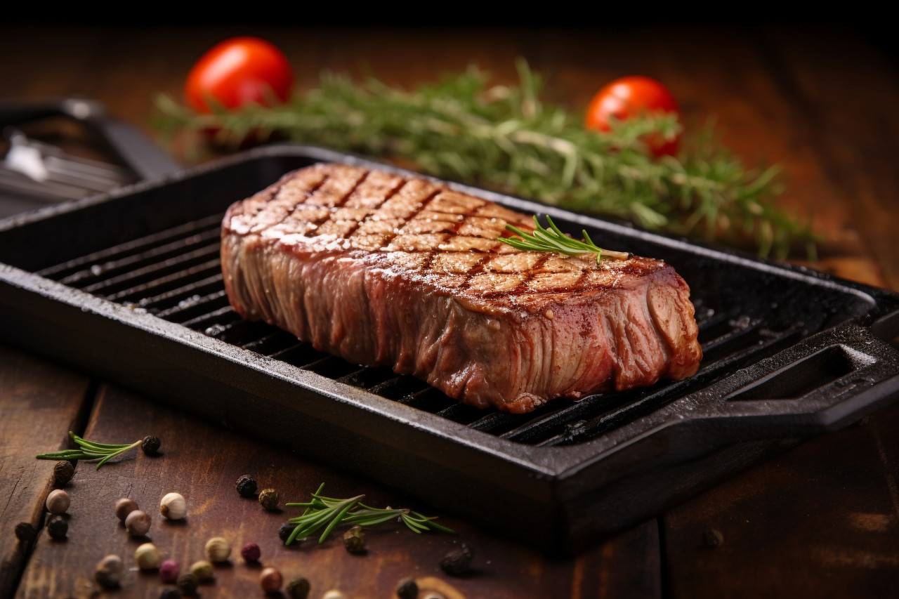 A picture of a grilled black angus steak striploin on a cast iron grill pan on a wooden table, food and drink at home photo