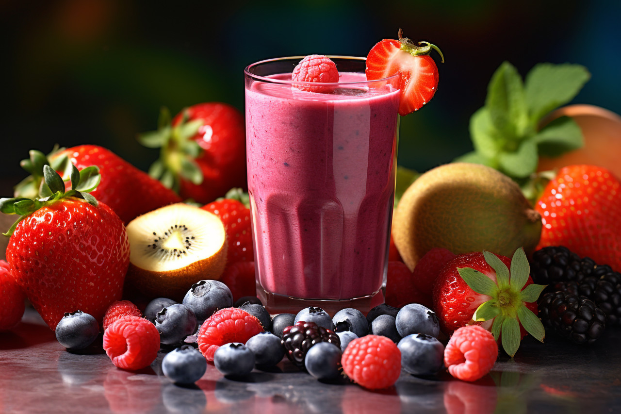 A photo of a smoothie made with berries and vegetables a healthy and delicious drink that is good for your diet or vegan lifestyle, food and drink at home photo