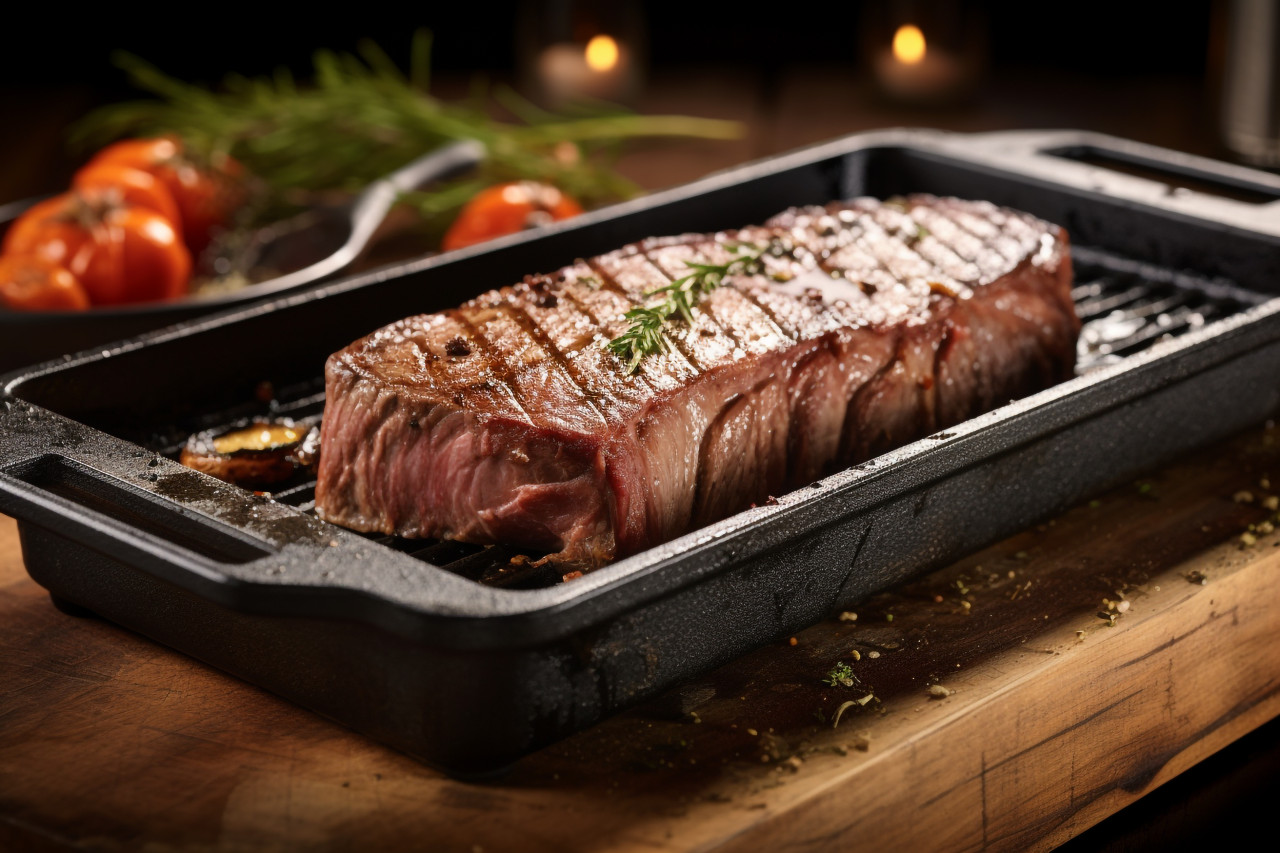A picture of a grilled black angus steak striploin on a cast iron grill pan on a wooden table, food and drink at home image