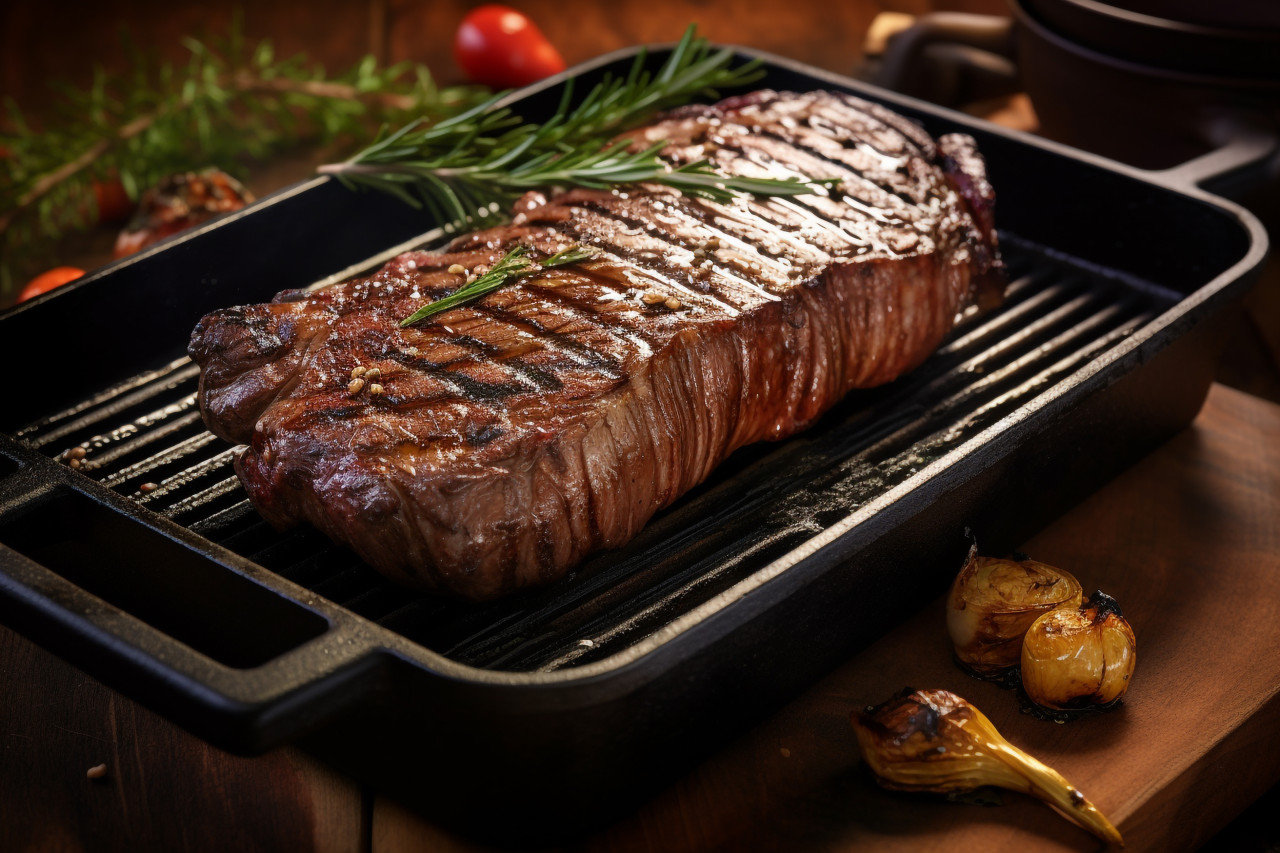 A picture of a grilled black angus steak striploin on a cast iron grill pan on a wooden table, food and drink at home image