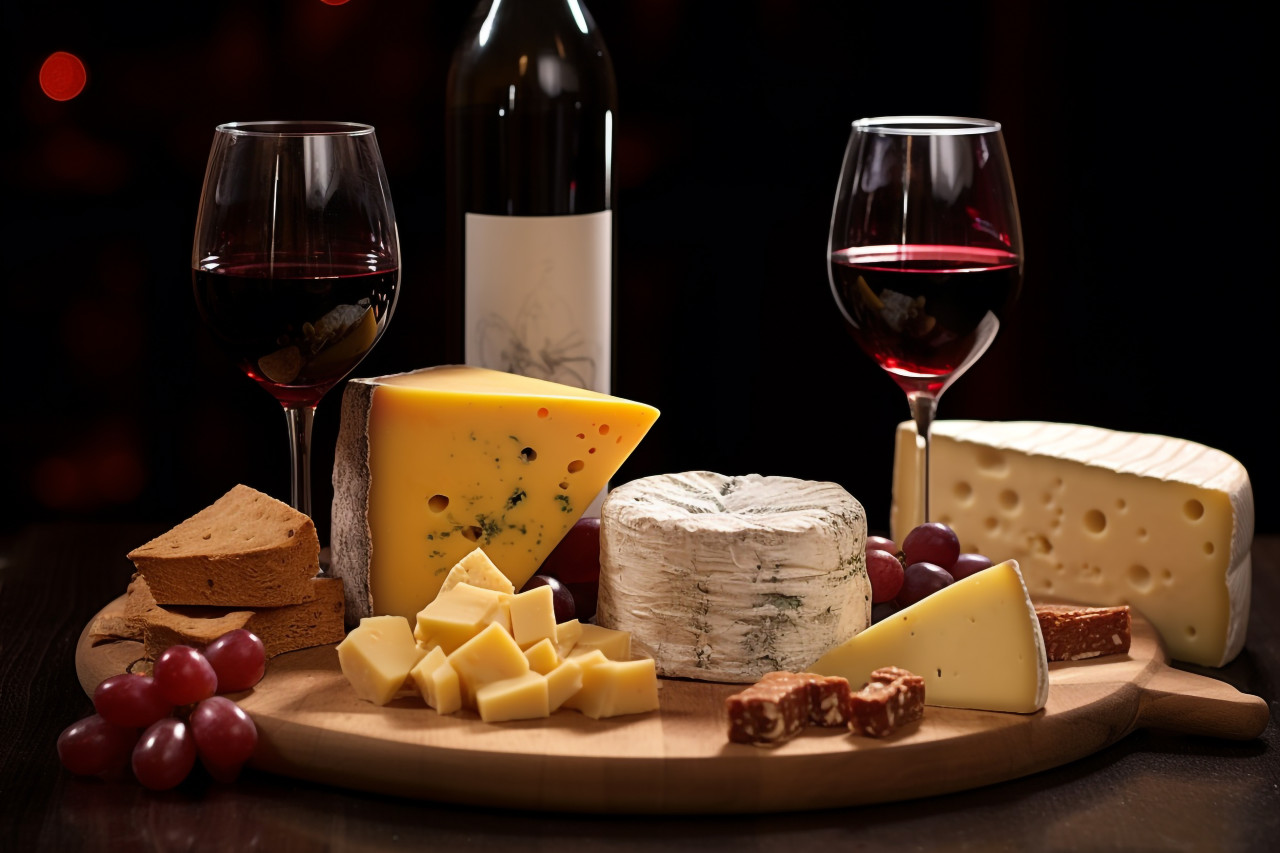 A picture of a wine and cheese pairing that was provided during a gathering in a bar or restaurant, food and drink at home photo