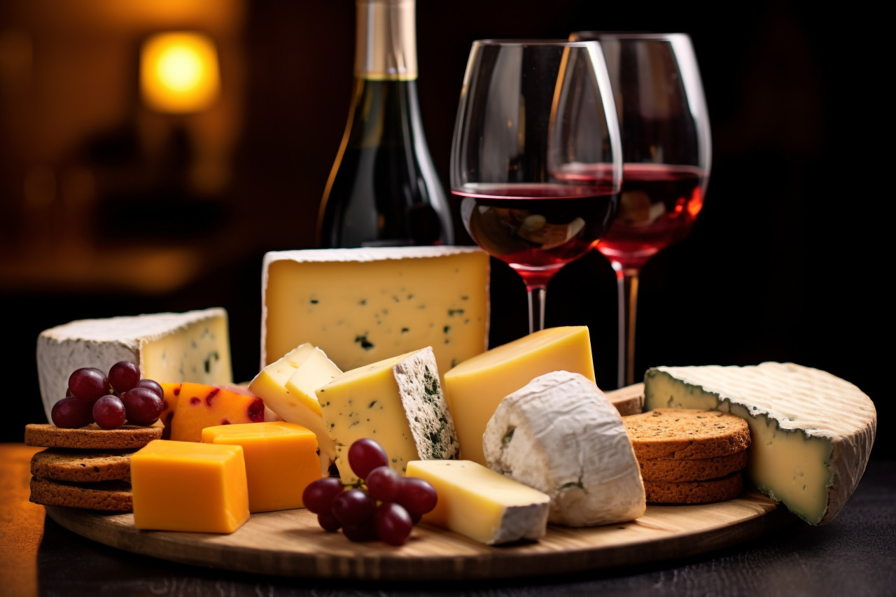 A picture of a wine and cheese pairing that was provided during a gathering in a bar or restaurant, food and drink at home photo