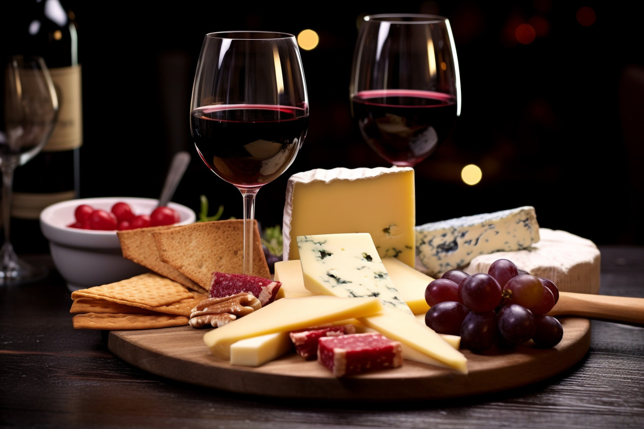 A picture of a wine and cheese pairing that was provided during a gathering in a bar or restaurant, food and drink at home photo
