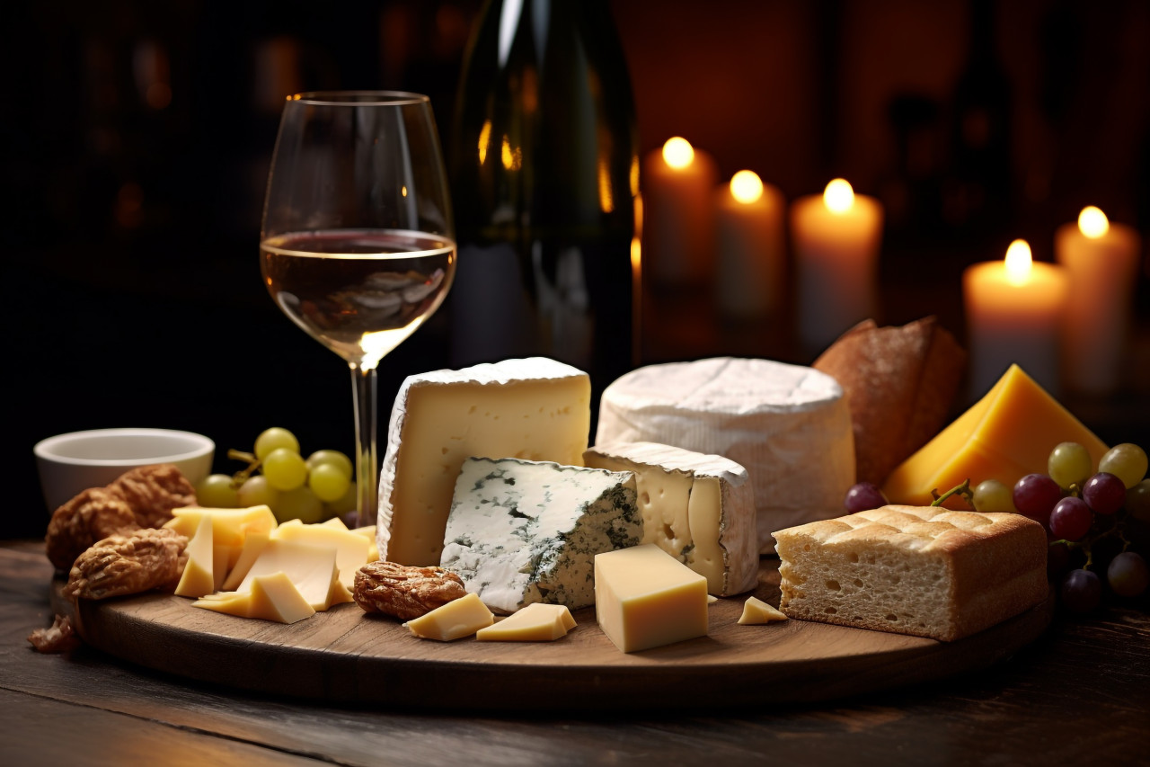 A picture of a wine and cheese pairing that was provided during a gathering in a bar or restaurant, food and drink at home photo