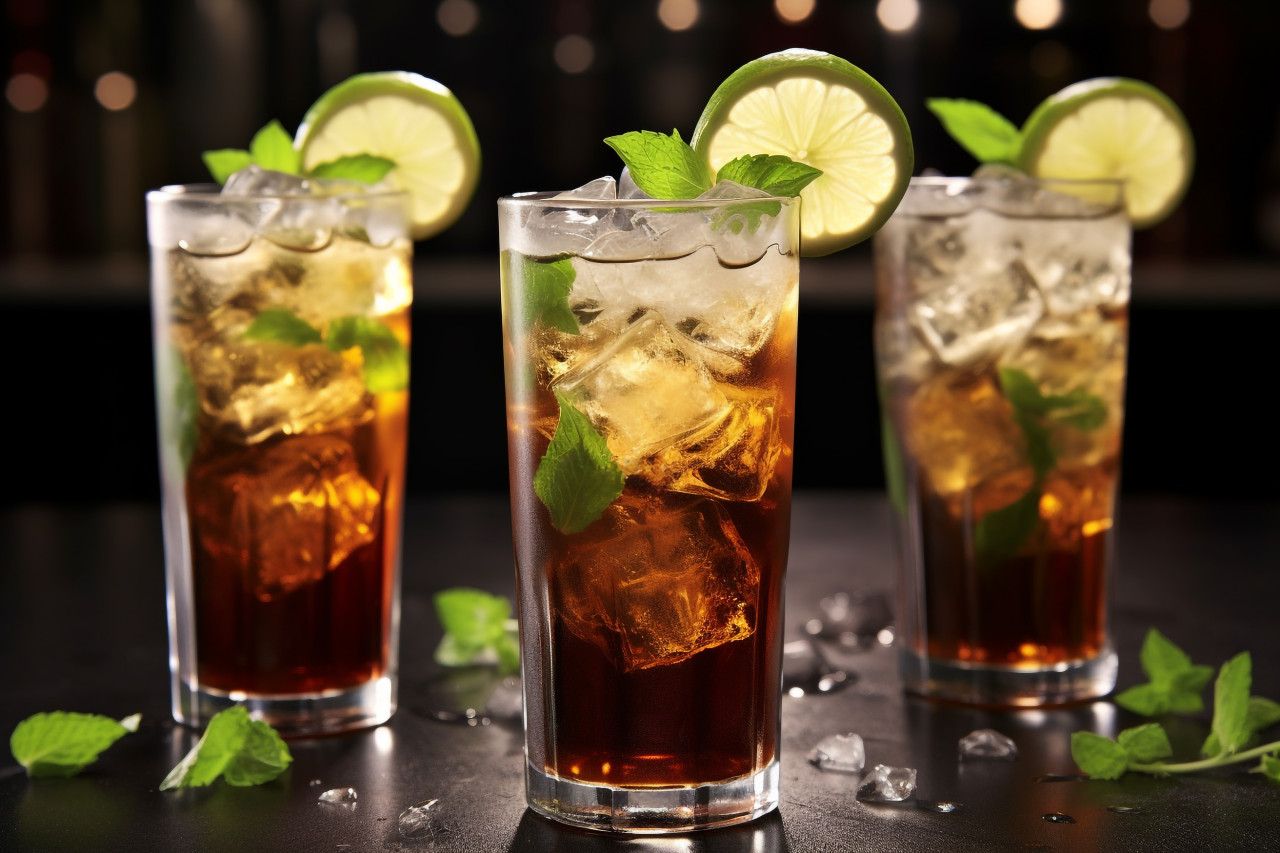 Picture of a cuba libre drink with lime and ice, food and drink at home image