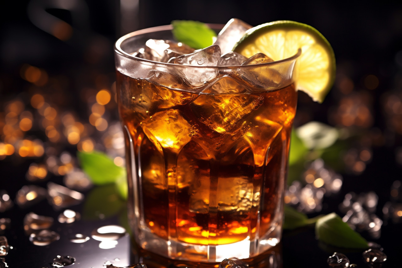 Picture of a cuba libre drink with lime and ice, food and drink at home image