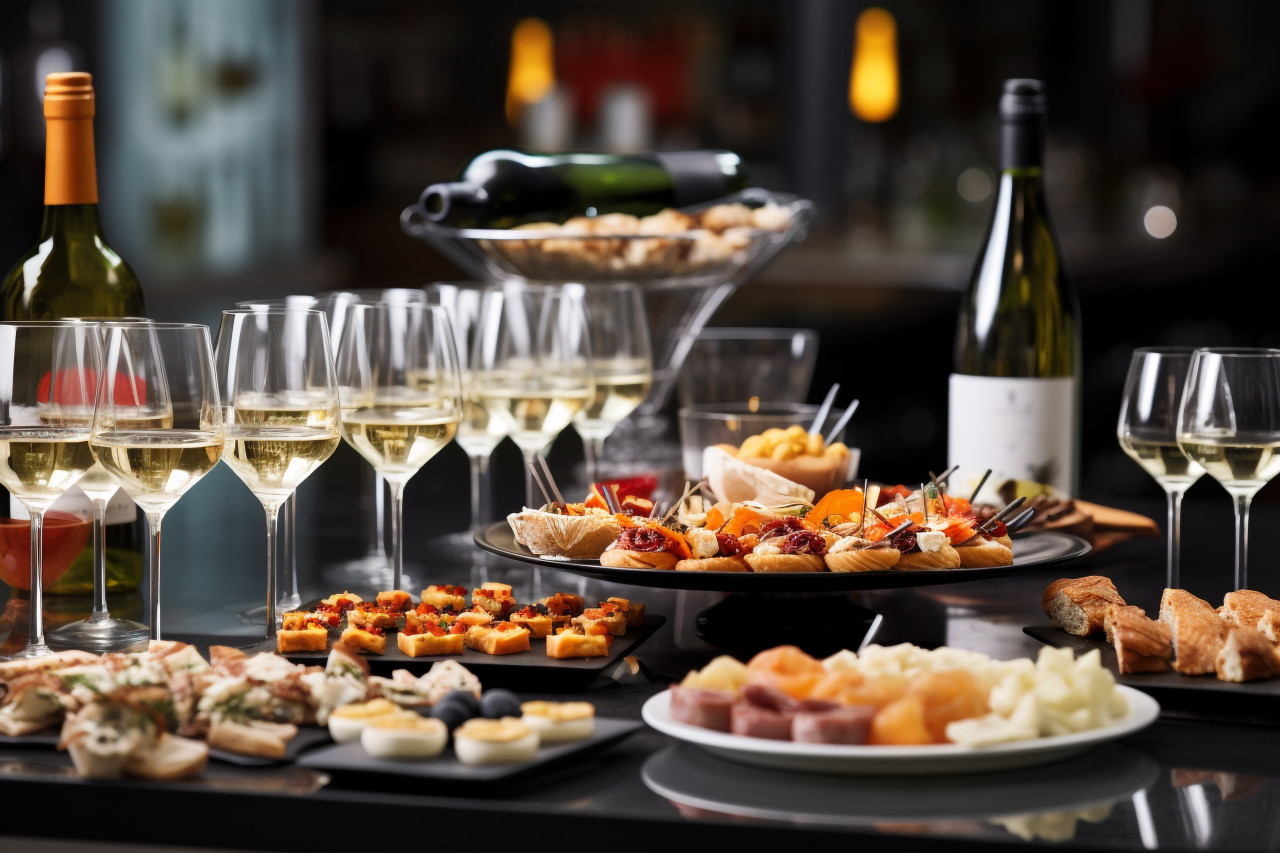 Restaurant catering services that offer snacks and wine, food and drink at home photo