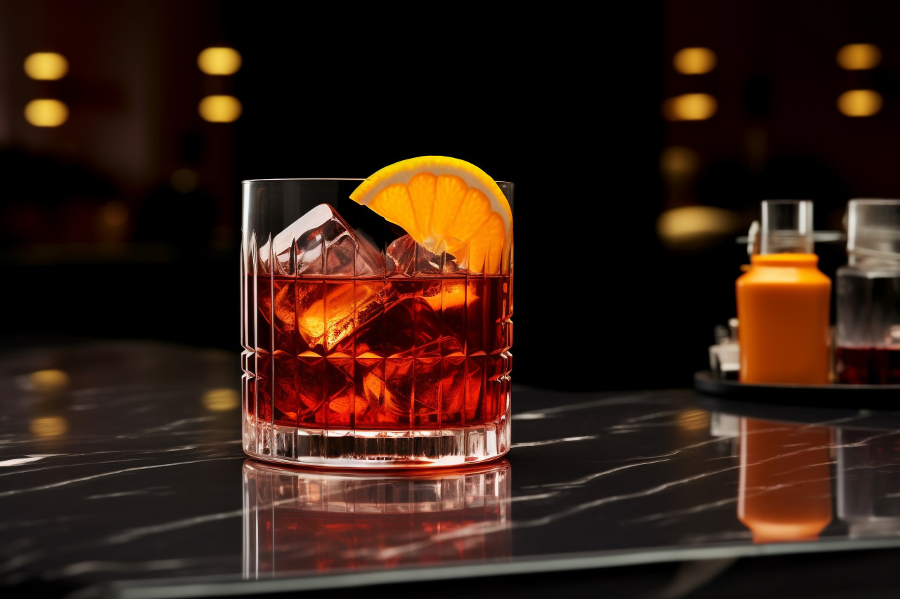 A glass of ice water with an orange twist on a marble table in a dark room, food and drink at home photo