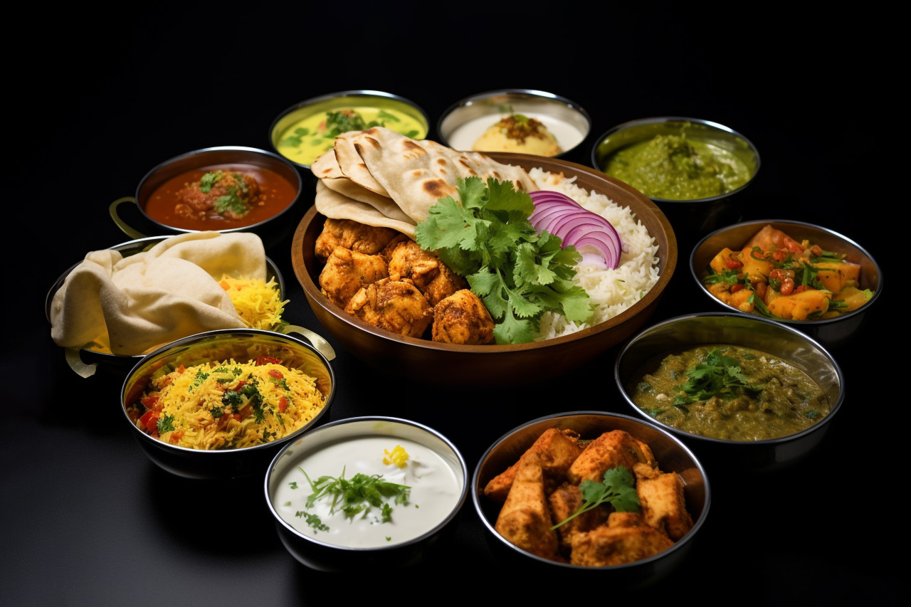 A photo of indian food and many different mexican dishes, food and drink at home image