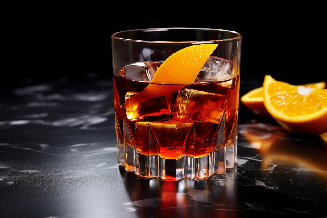 A glass of ice water with an orange twist on a marble table in a dark room, food and drink at home photo