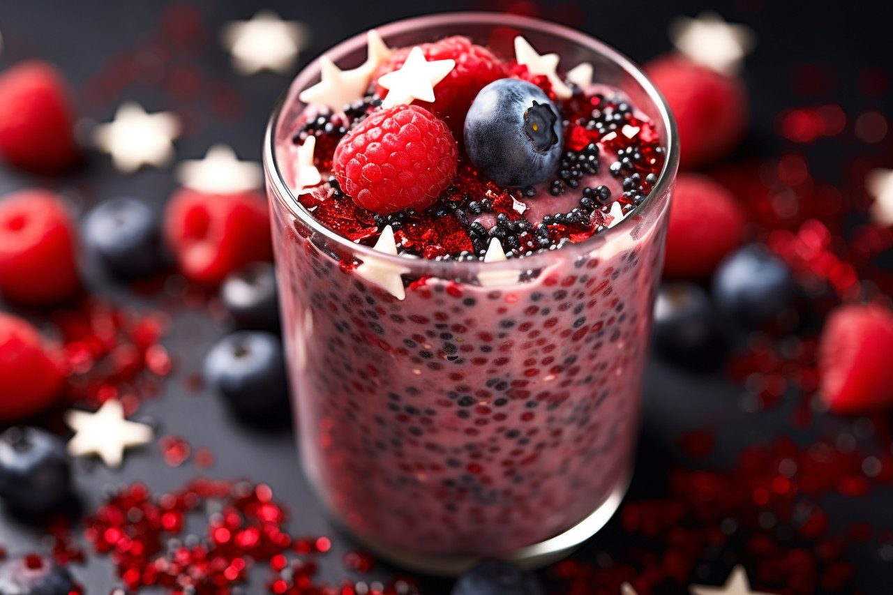 A picture of a smoothie with different layers of berries and chia seeds, food and drink at home image