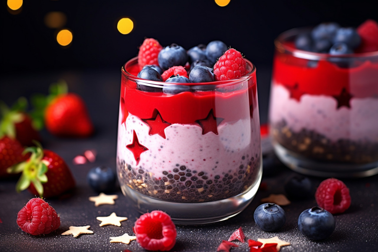 A picture of a smoothie with different layers of berries and chia seeds, food and drink at home image