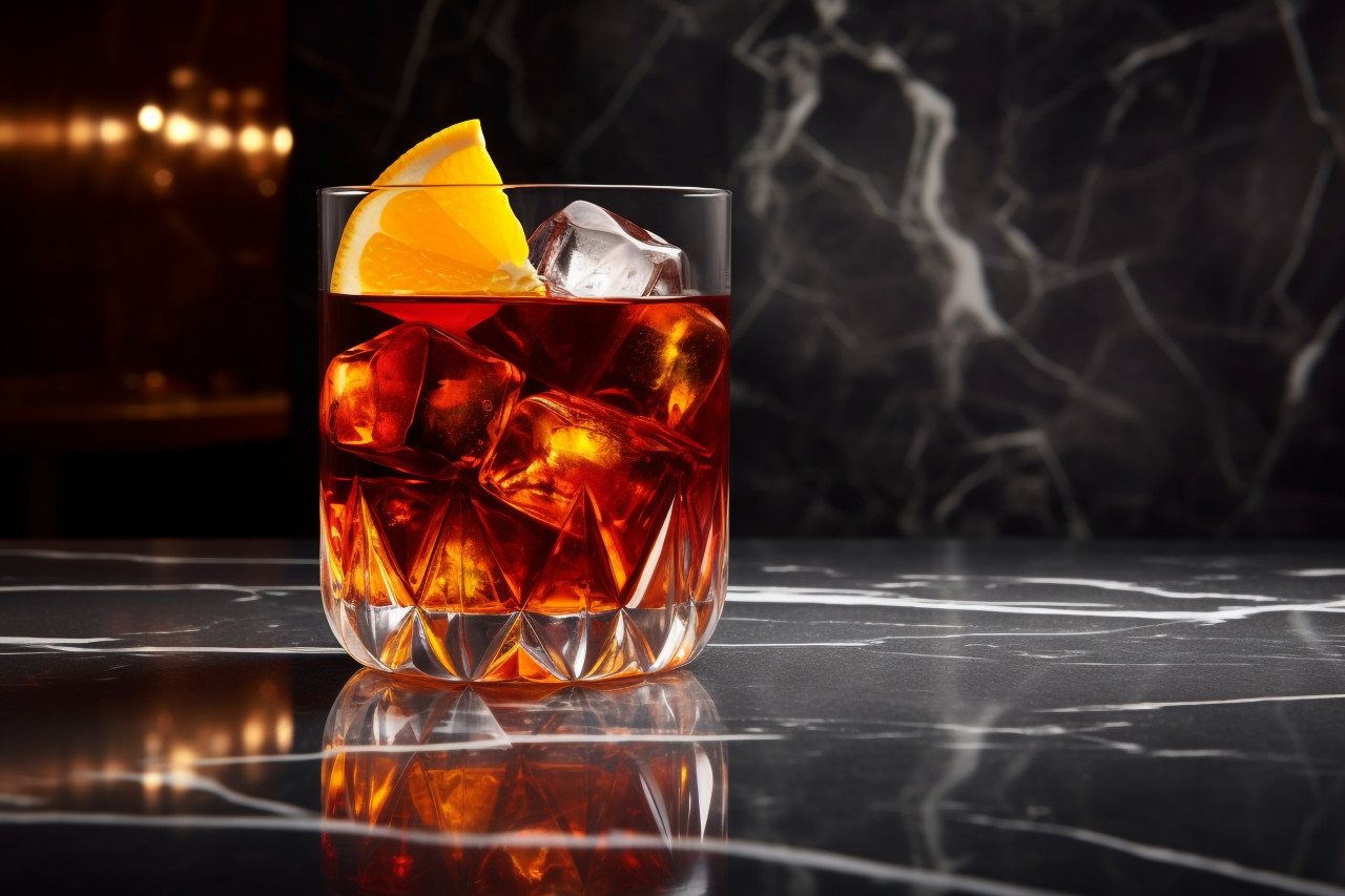 A glass of ice water with an orange twist on a marble table in a dark room, food and drink at home photo