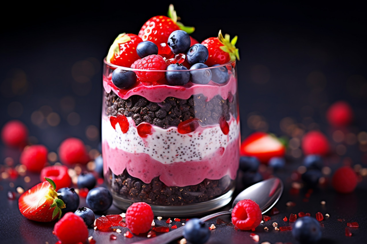 A picture of a smoothie with different layers of berries and chia seeds, food and drink at home image