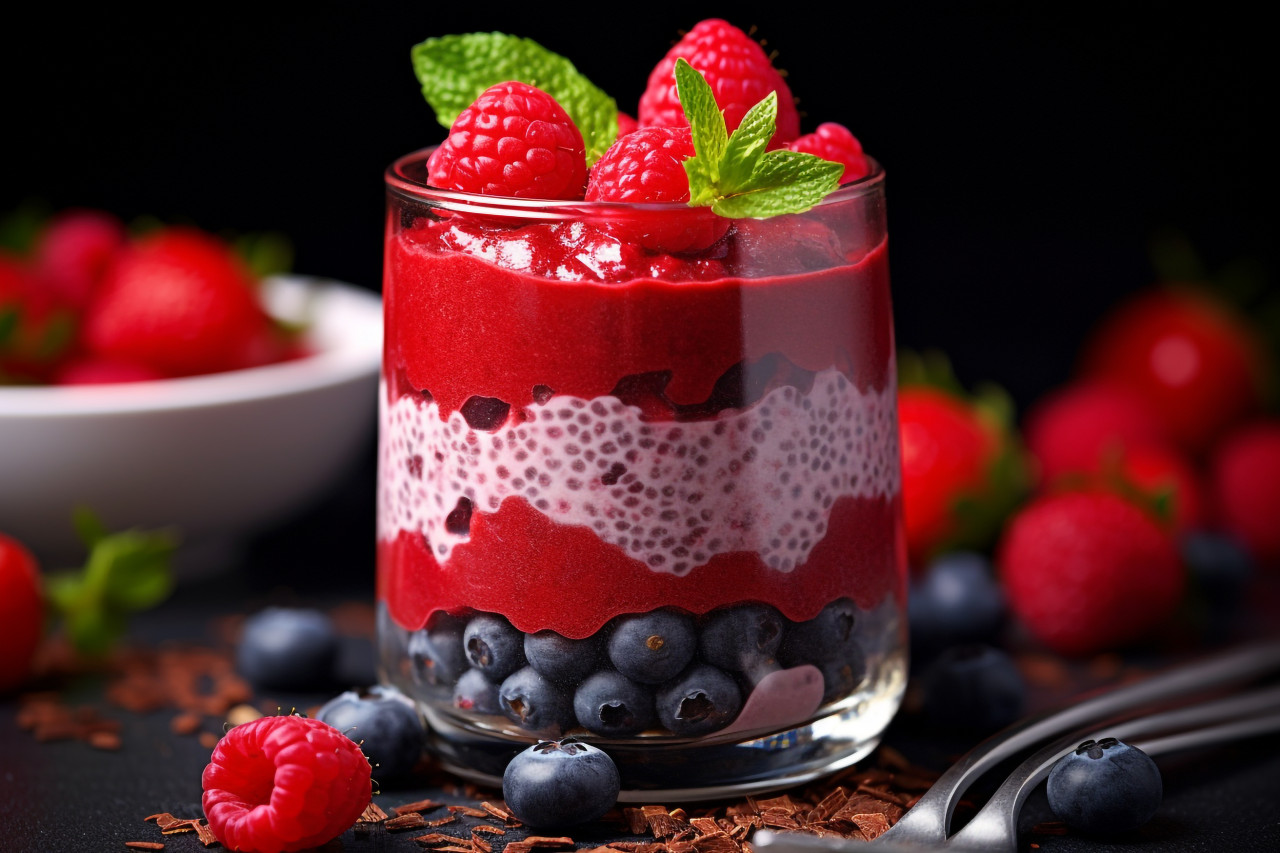 A picture of a smoothie with different layers of berries and chia seeds, food and drink at home image