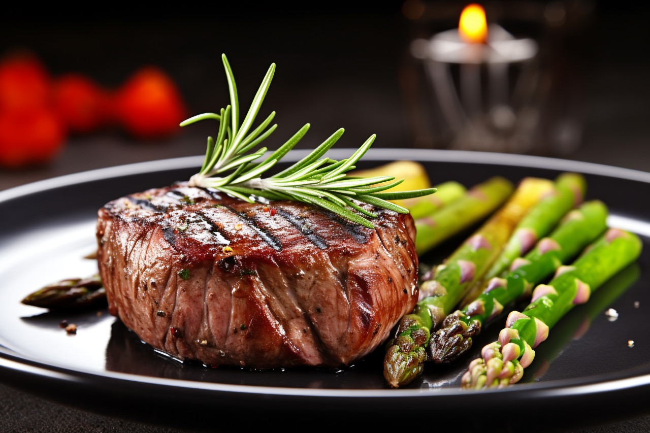A picture of a grilled beef steak on a plate with asparagus and rosemary on a white background, food and drink at home image