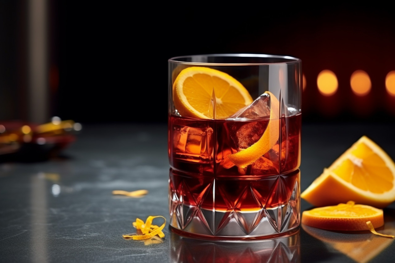 A glass of ice water with an orange twist on a marble table in a dark room, food and drink at home photo