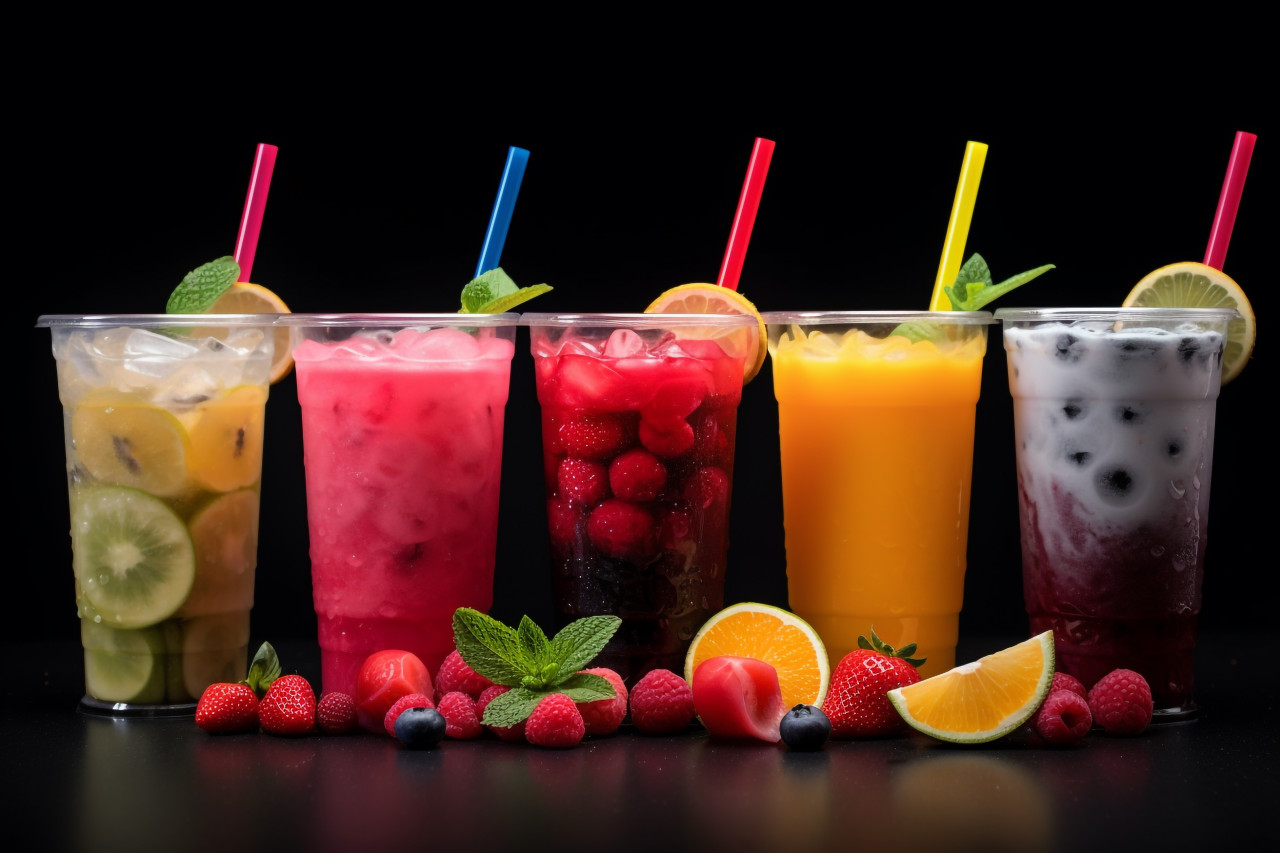 A picture of different iced fruit drinks on a black background, food and drink at home image