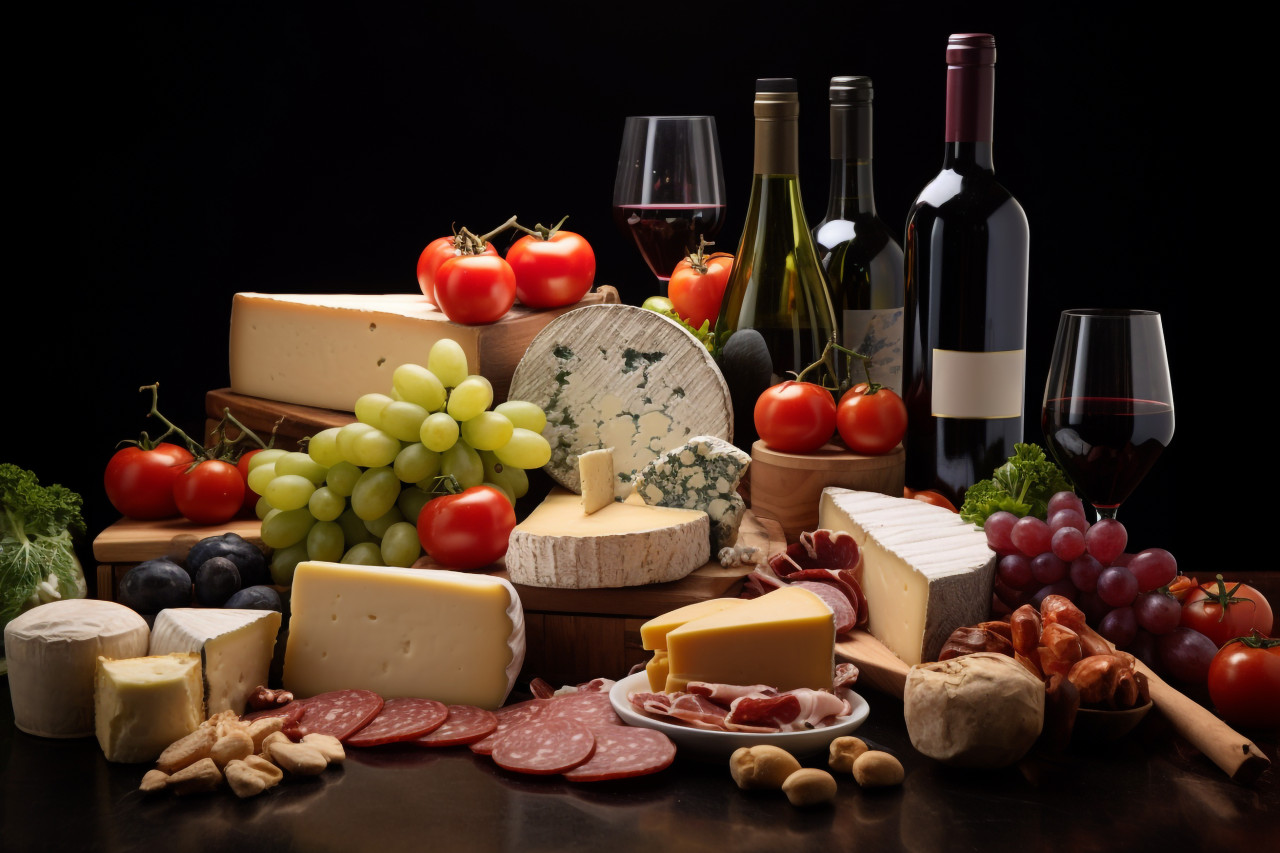 A photo of a variety of grocery products including vegetables, food and drink at home photo