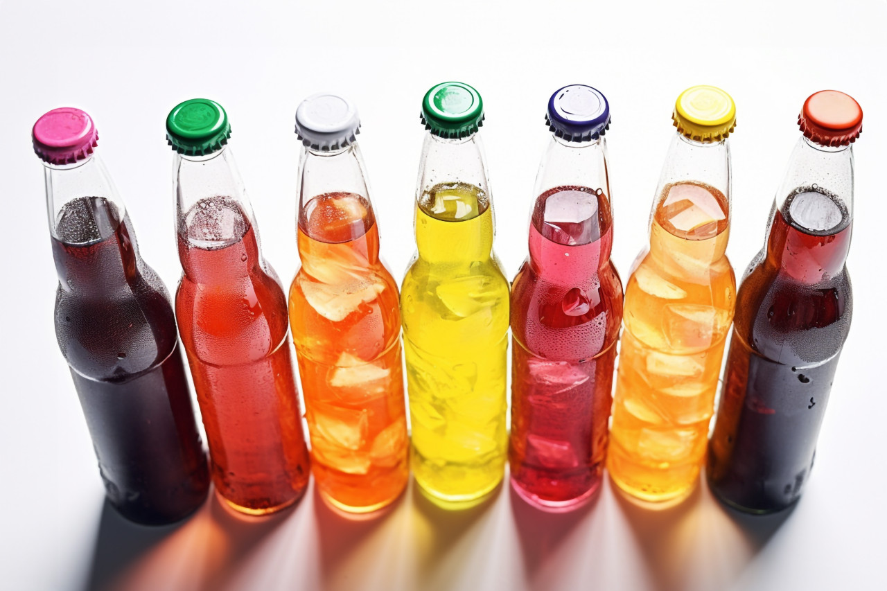 A picture of different plastic bottles of fizzy drinks on a white background, food and drink at home image