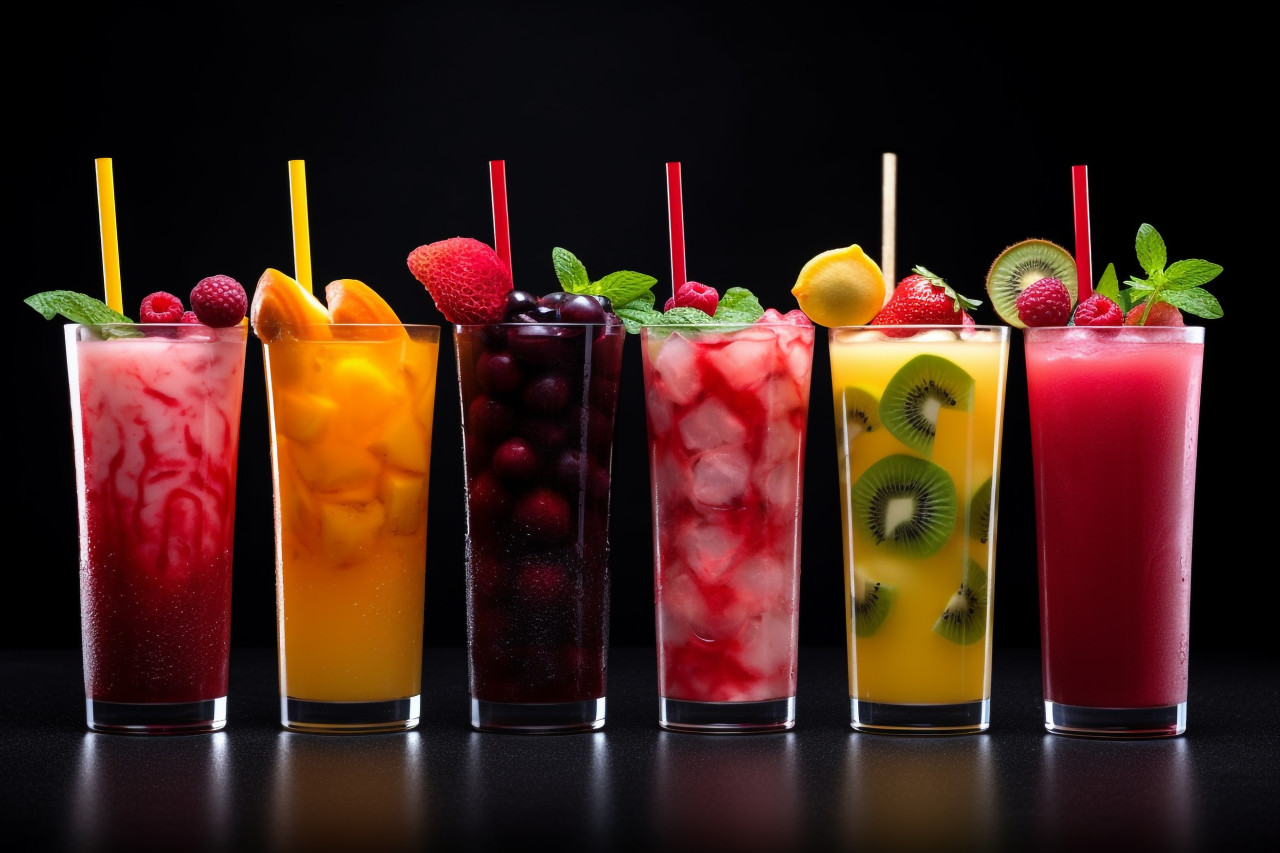 A picture of different iced fruit drinks on a black background, food and drink at home image