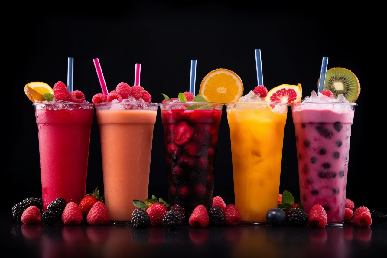 A picture of different iced fruit drinks on a black background, food and drink at home image